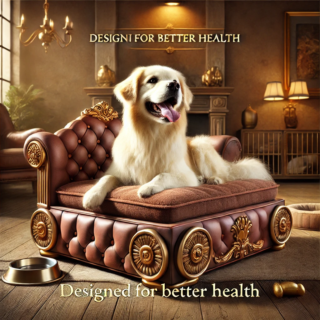 A luxurious scene featuring a joyful dog resting on a human dog bed that looks like a king's throne. The bed has rich textures, ornate details, and soft cus.