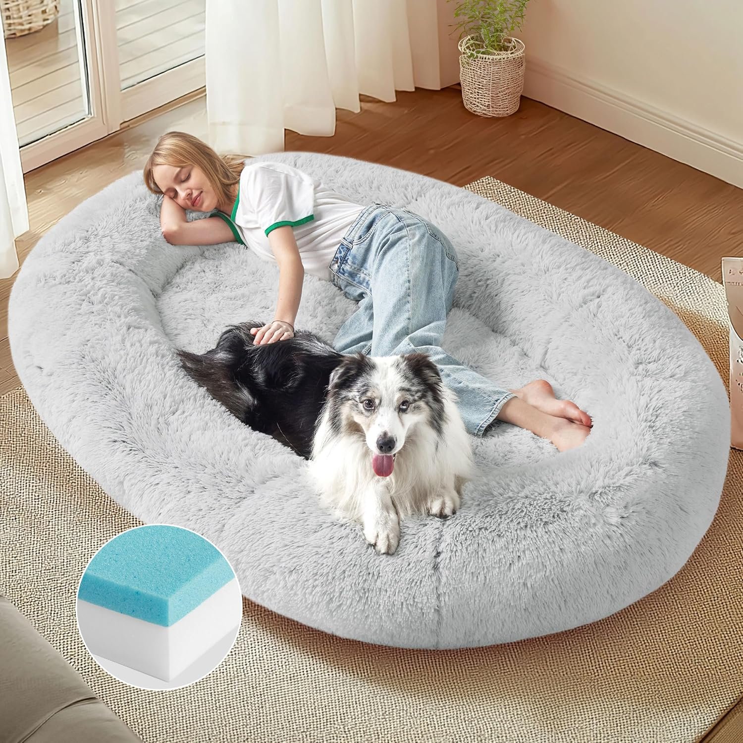 Bedsure Memory Foam Human Dog Bed, 72"x48"x12" Calming Giant Human Dog Bed for Adults People Fits Pet Families with Storage Pocket, Fluffy Faux Fur Orthopedic Dog Bean Bed, Frost Grey