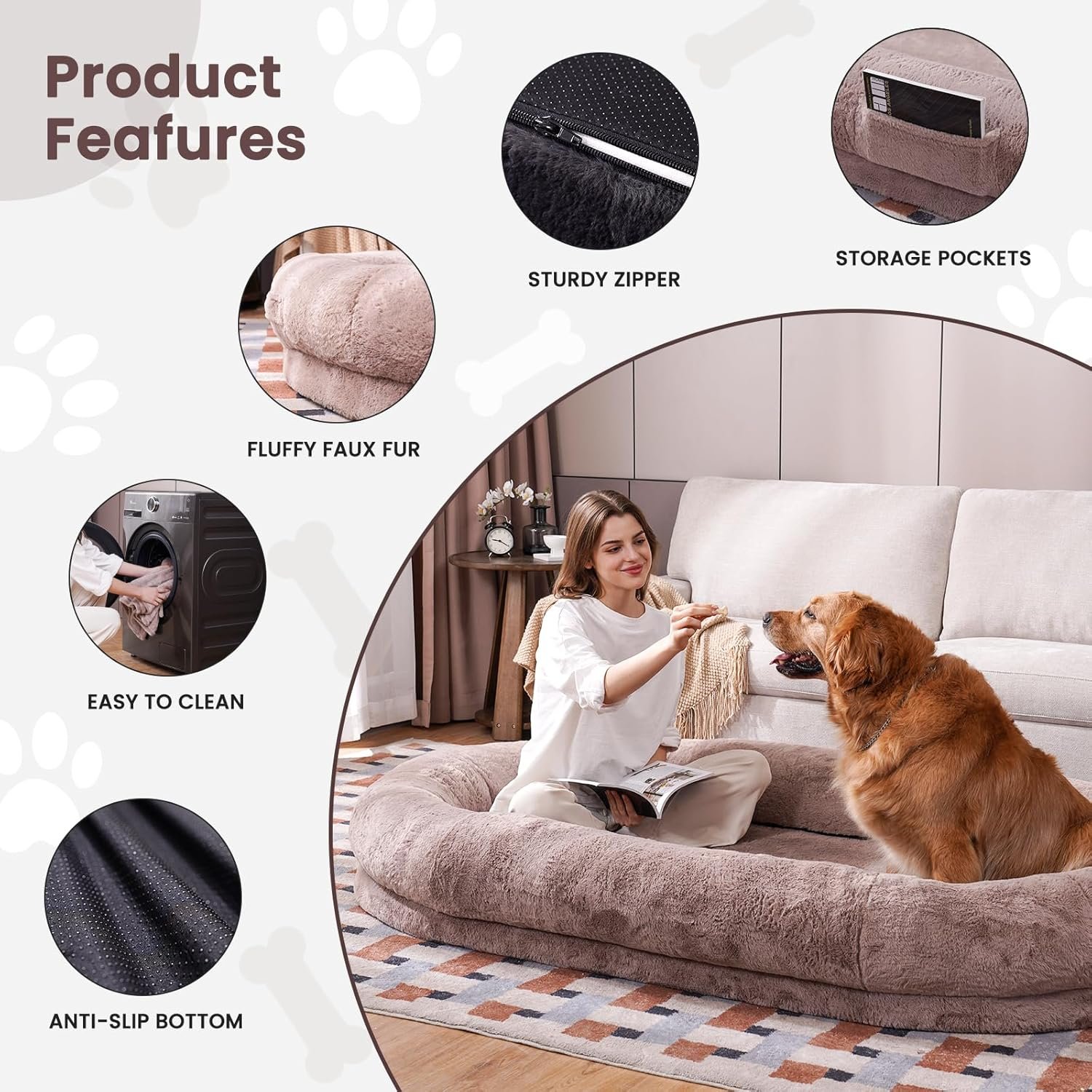 Human Dog Bed for Adult People 72"×48"×10" Giant Dog Bed for Adult Pet with Blanket and Storage Pocket, Washable Fur Cover, Camel