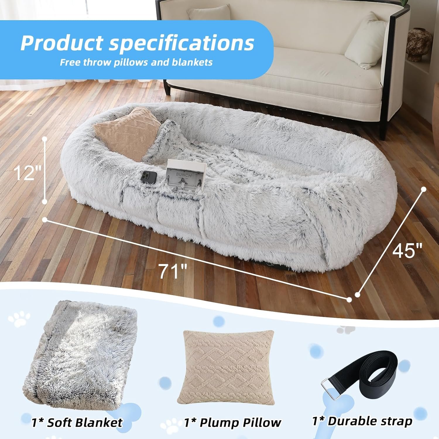 Human Dog Bed, 71"x45"x12" Dog Beds for Humans Size Fits You and Pets, Washable Faux Fur Human Dog Bed for People Doze Off, Napping Orthopedic Dog Bed, Present Plump Pillow, Blanket, Strap - Grey