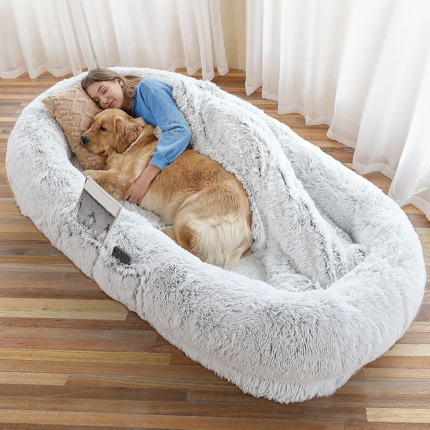 Human Dog Bed, 71"x45"x12" Dog Beds for Humans Size Fits You and Pets, Washable Faux Fur Human Dog Bed for People Doze Off, Napping Orthopedic Dog Bed, Present Plump Pillow, Blanket, Strap - Grey